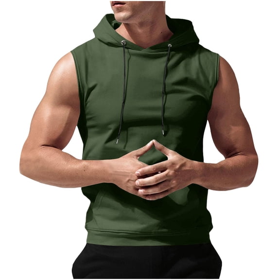 Wyobmus Mens Sleeveless Hooded Sweatshirts Summer Casual Solid Color Hooded Tank Tops Bodybuilding Muscle Sport Shirts Olive Green