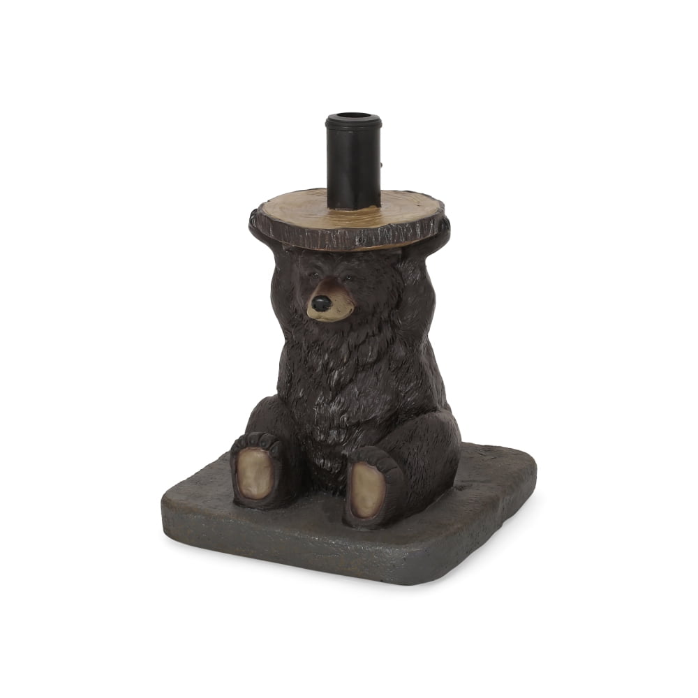 Bear Patio Umbrella Base, Lightweight Concrete with Resin Finish, Dark Brown Decorative Umbrella Stand, No Assembly Required