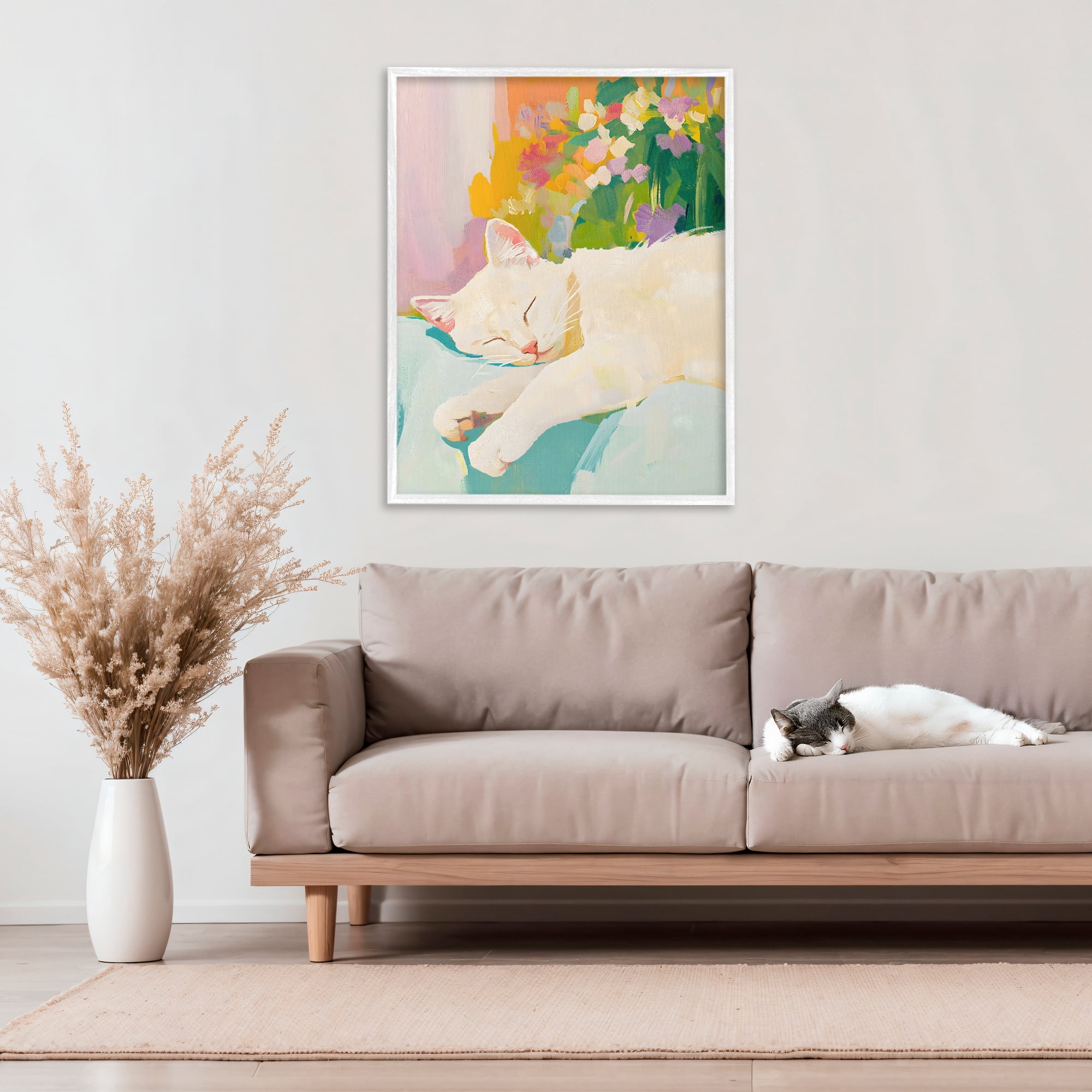 Stupell Industries Sleeping Cat with Flowers White Framed Giclee Art, design by The Prints Vibe