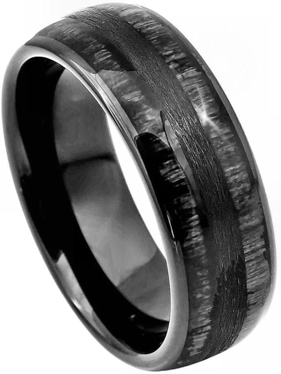 Ring for Men and Women Domed Black IP Plated Charcoal Wood Inlay 8mm Wedding Band Ring Ideal Rings for Couples