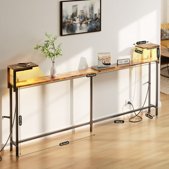 HLDIRECT 71 inch Console Table with Storage, Narrow Entryway Table with Outlet, Sofa Table with LED Light for Living Room, Hallway Table
