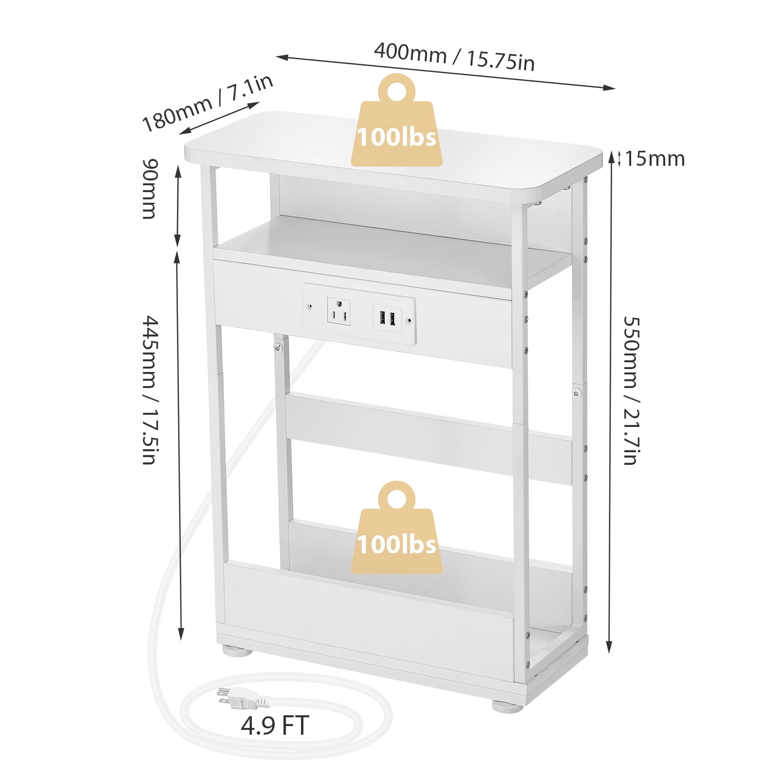 ZEXVIDA Narrow Side Table with Charging Station, 3 Tier Slim End Table with Storage Shelf for Small Spaces, 21.6 Inch Height Thin Tables Small Nightstand Magazine Rack for Living Room, White