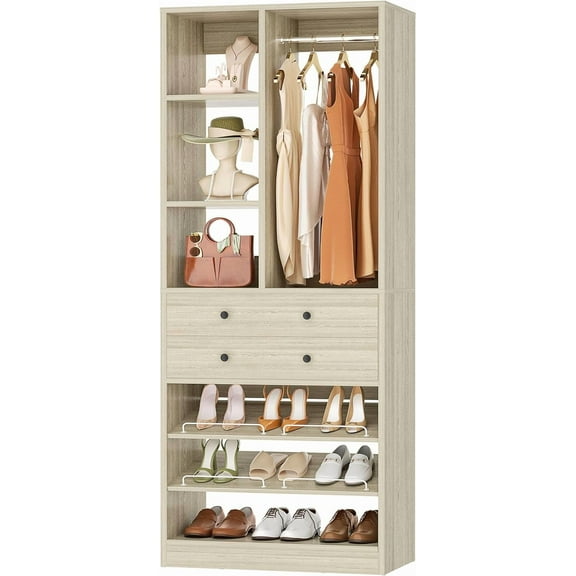 Small Closet System, 28"/2.3 FT Wood Closet Organizer System with Drawers and Shelves, Walk-in Closet System for Small Closet, Free Standing Reach in Closet Tower, Greige