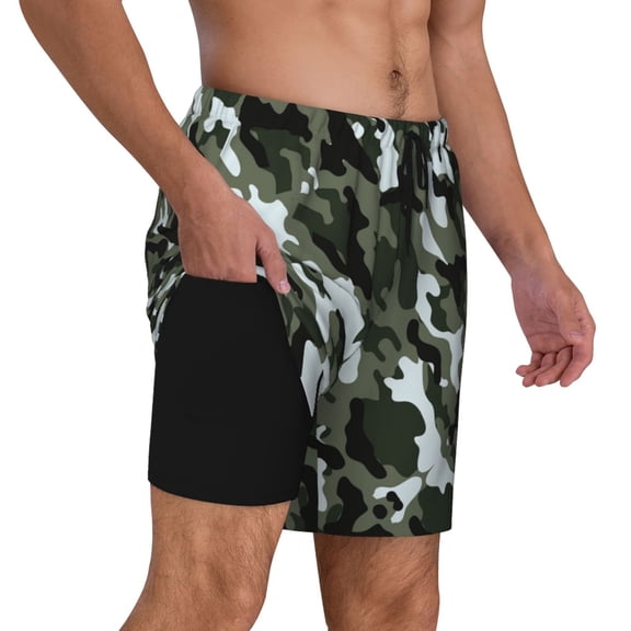 Mens Swim Trunks Gray Camouflage Print Quick Dry Board Shorts with Compression Liner