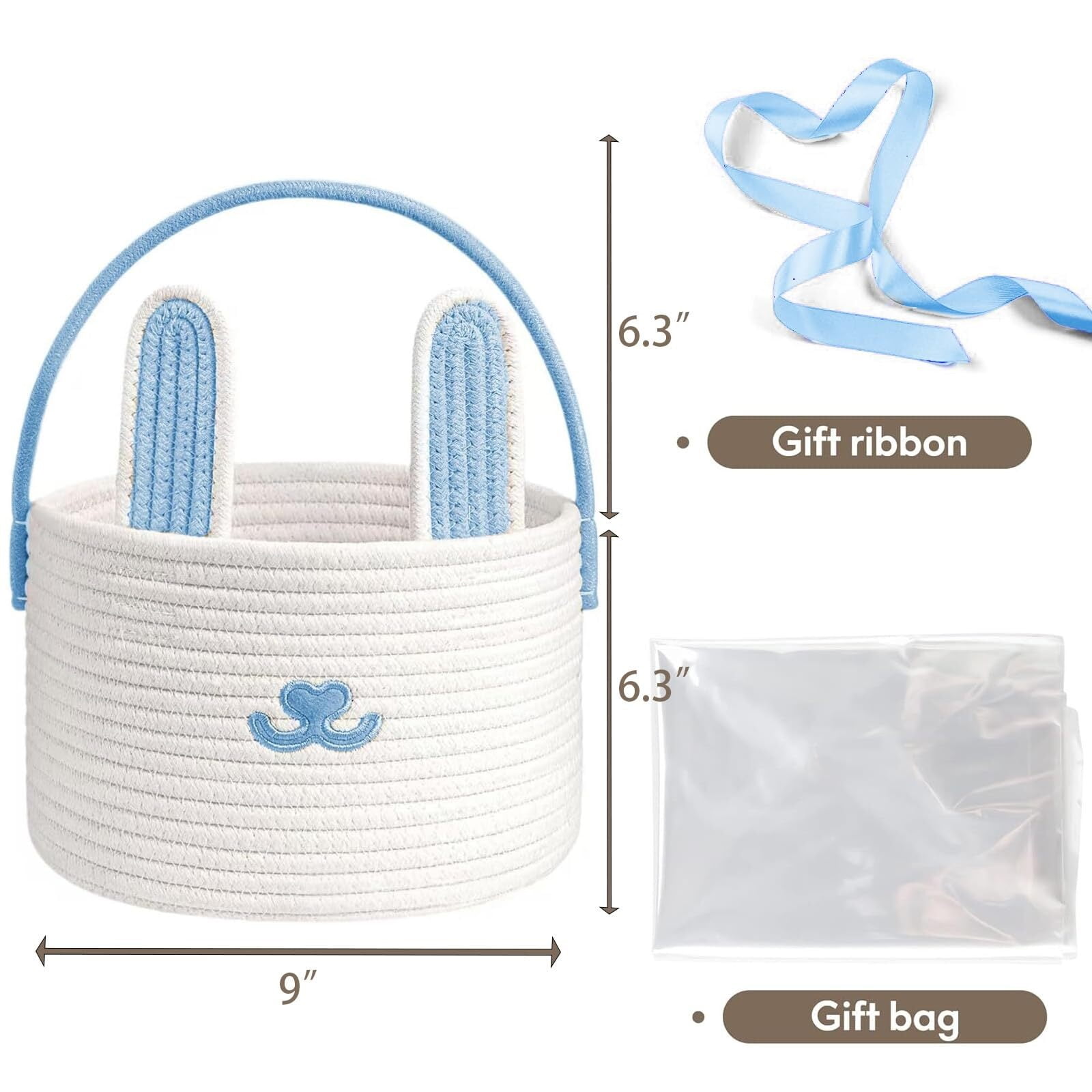 Cute Easter Basket, Large Easter Bunny Basket, Woven Cotton Rope Baby Egg Easter Baskets for Girls, Boys, Toddler, Babies, Infant, with Gift Bags and Ribbons, Pink