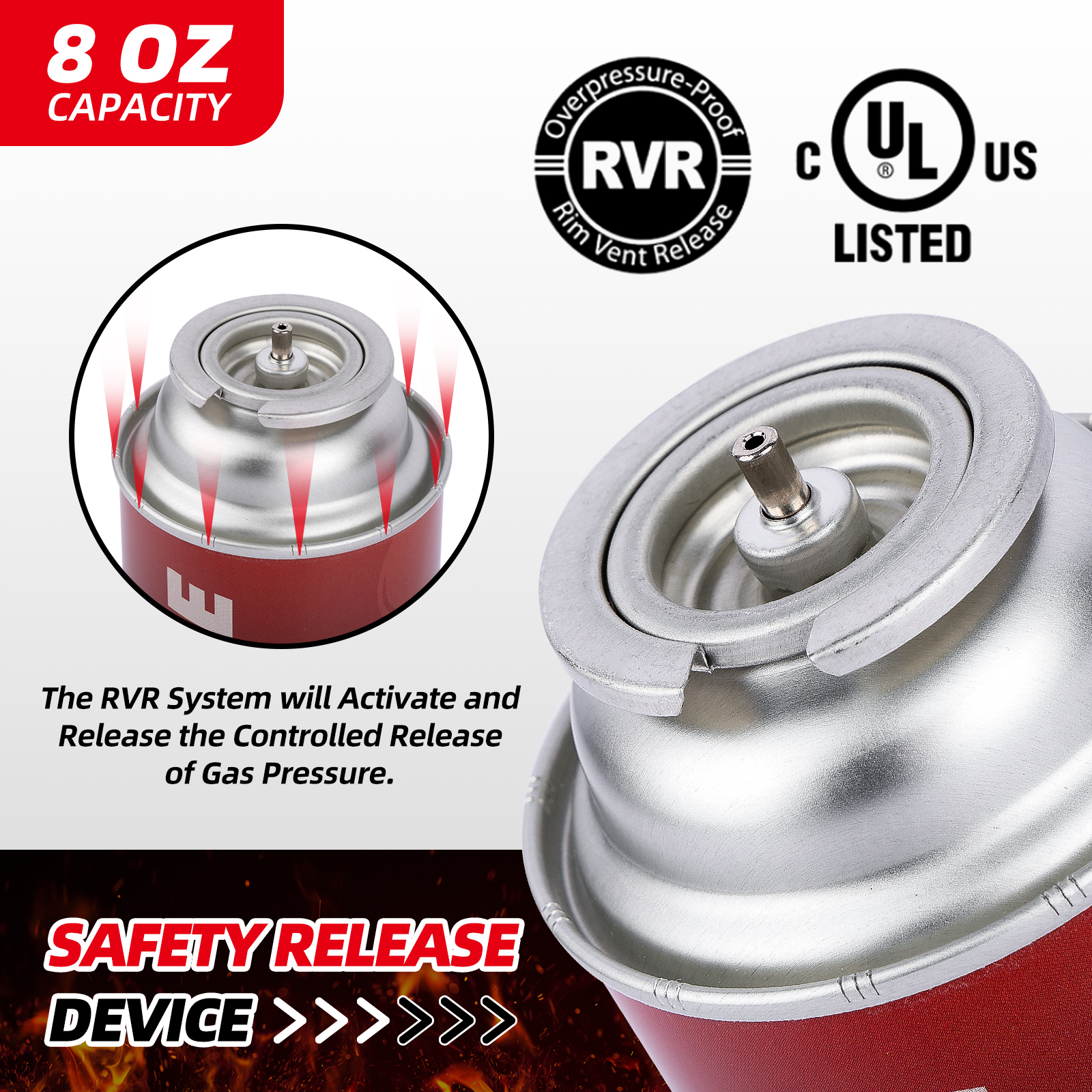 Butane Fuel Canister for Portable Stove - Explosion Proof RVR Safety Release System - UL Listed & Tested & Approved
