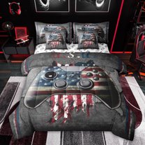 Feelyou Video Game Console Bedding Comforter Set 7 Pieces for Boy, Retro American Flag Full Bedding Set, Cartoon Gamepad Reversible Fitted Sheet Flat Sheet, Super Cozy Room Decor