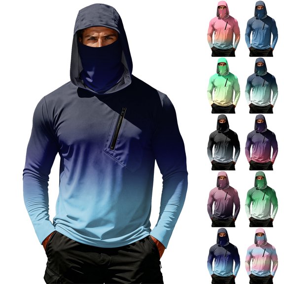 Men's Ombre Print Hooded Long Sleeve Sun Shirt - Fashionable Gradient Pullover with Built-in Face Mask & Zipper Pocket - UPF 50 Quick Dry Athletic Top for Fishing, Hiking & Summer 2026 Black L