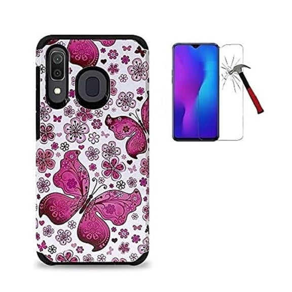 For Samsung Galaxy A20 /A30 / A50 / Verizon Galaxy A50 Case, Shockproof Slim Hard Cover Case Tempered Glass (White Pink Butterfly)