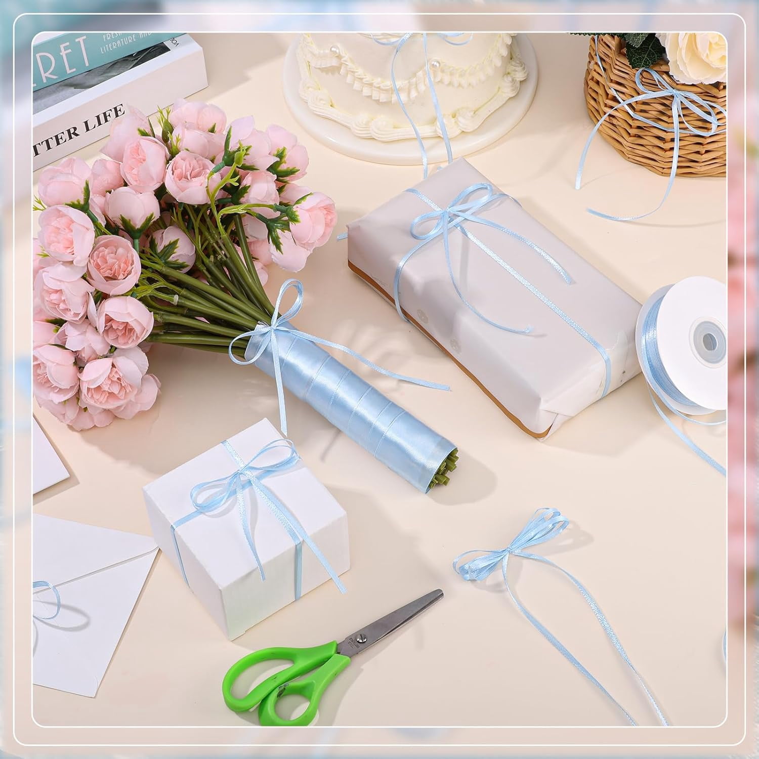 200 Yards Light Blue Ribbon Double Faced Thin Sky Blue Ribbon Cake Bows for Cards Jewelry String Balloon Graduation Decorations