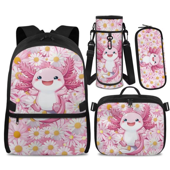 KUIFORTI Daisy Axolotl Bookbag with Lunch Box, 4 Piece Kids Backpack Set for Elementary Middle School Students, Boys Girls School Bag with Pencil Pouch Water Bottle Sleeve