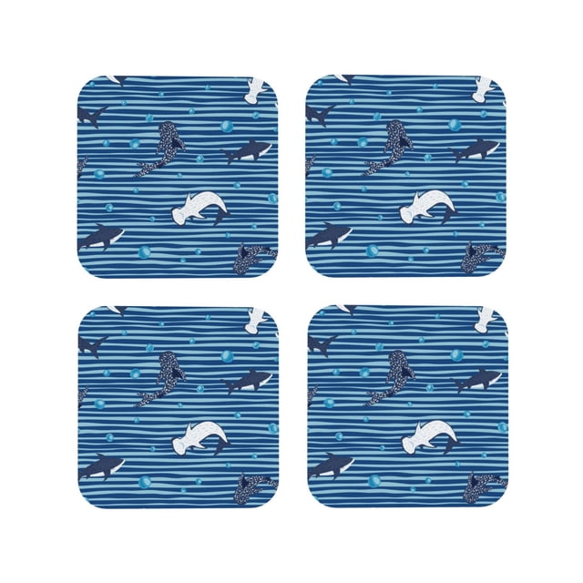 Fotbe Sharks on White Blue Striped Drawing Drink Coasters Set of 4 Leather Coasters Spill Protection for Table Desk,Durable and Non Slip Leather Coaster ,4 Inches Drink Mats-Square