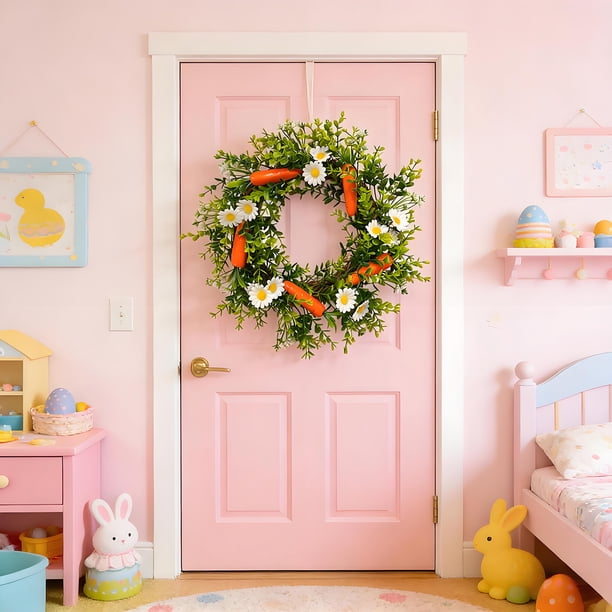 Corona de zanahoria de Pascua 15,7 pulgadas | Decoración de la puerta principal de primavera | Corona de plástico de plástico de falsa vegetación para pared, chimenea, ventana | Acento rústico de