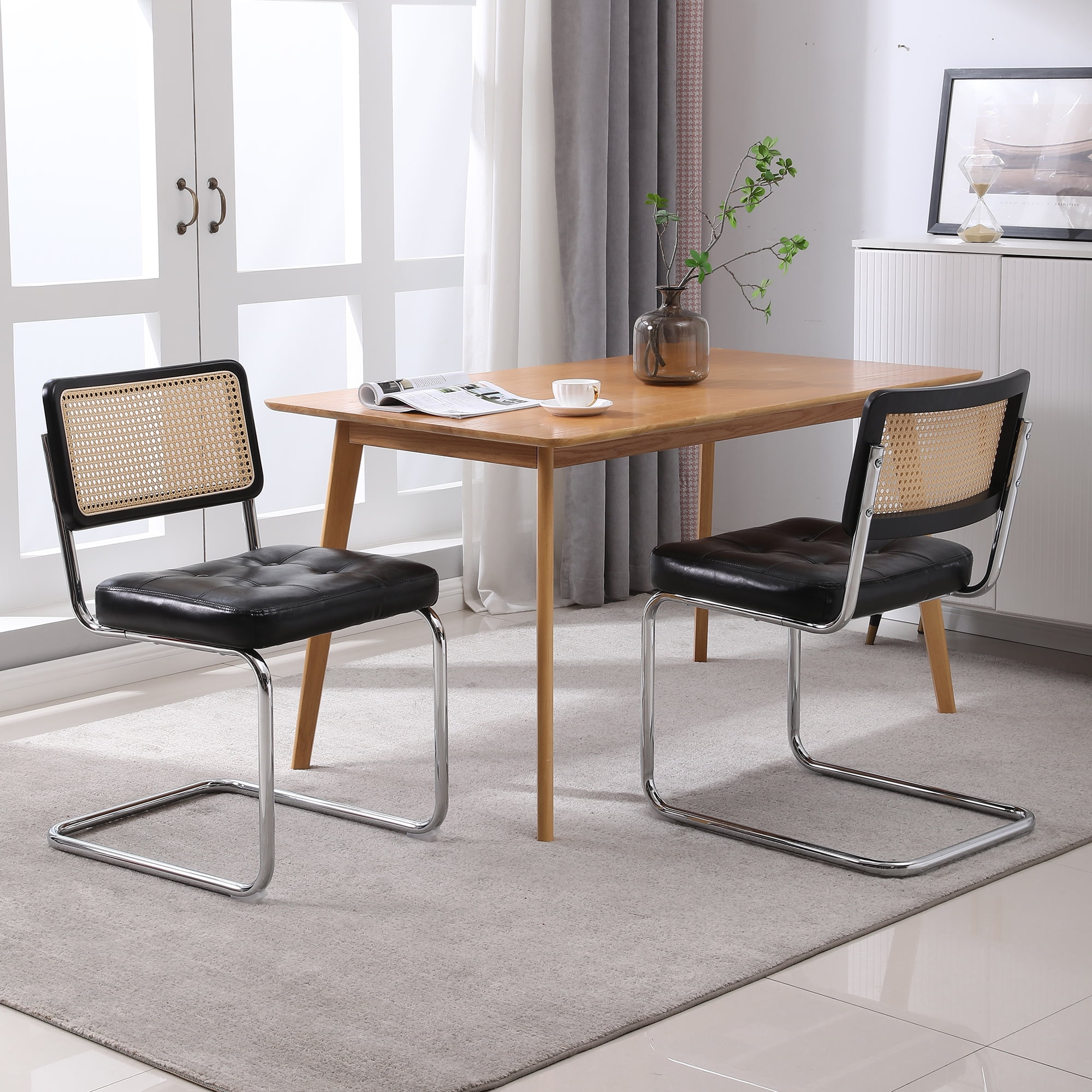 Kadyn PU Dining Chair Set of 2, Kitchen Chairs with Rattan Backrest for Living Room, Black Kadyn PU Dining Chair Set of 2, Kitchen Chairs with Rattan Backrest for Living Room, Black
