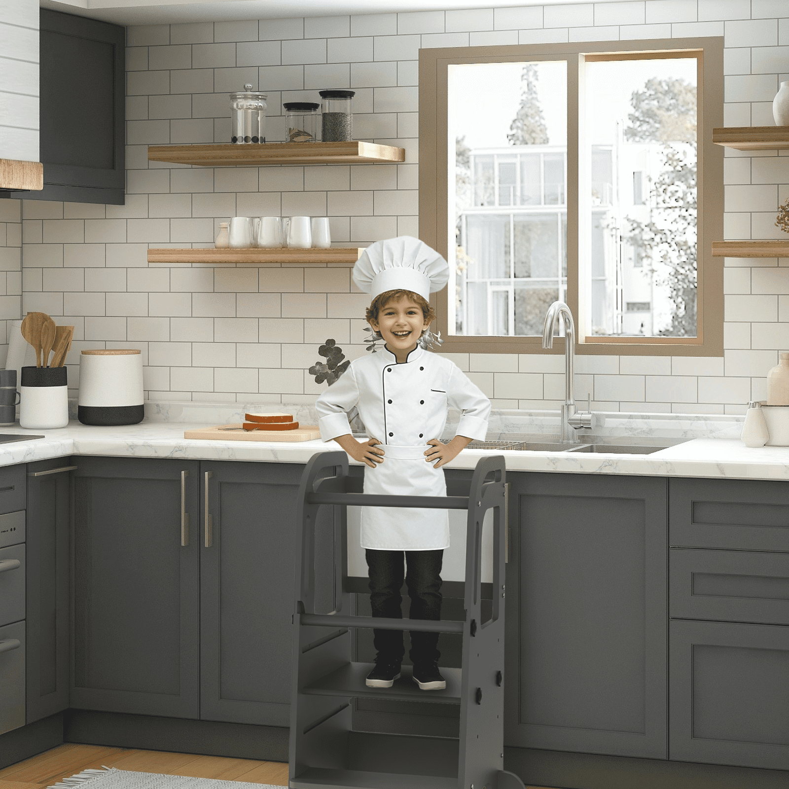 G TALECO GEAR Toddler Tower with Chalkboard, Toddler Kitchen Kids Step Stool Helper, Wooden Stool with Rounded Corner Protection Design, Gray