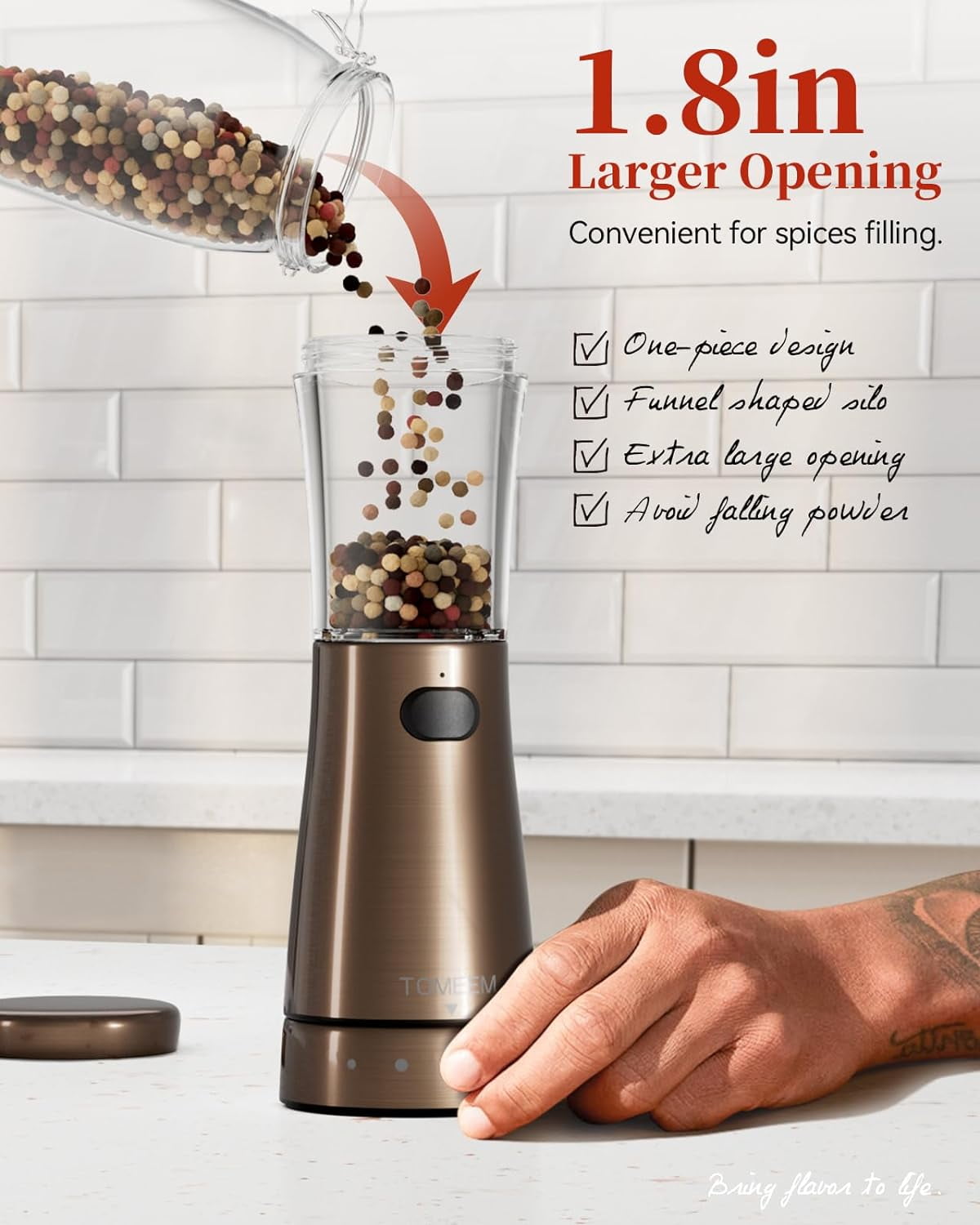 Tomeem Electric Pepper Grinder Sets Automatic Salt and Pepper Electric with 4.5oz Large Capacity Adjustable Coarseness Stainless Steel Bronze