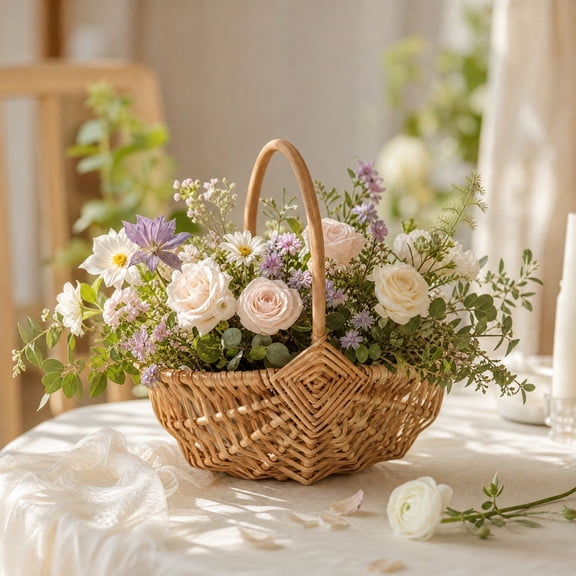 Handwoven Rattan Basket With Handle, Small Wicker Basket, Rustic Wood Storage Basket for Flower Girl Weddings, Garden Decor, 10 Inch