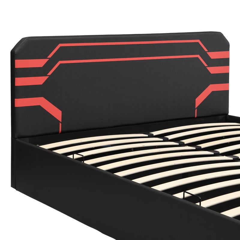 Queen Size PU Leather Gaming Bed Frame with Hydraulic Storage, Cyberpunk Style Platform Bed with Futuristic Pattern Headboard