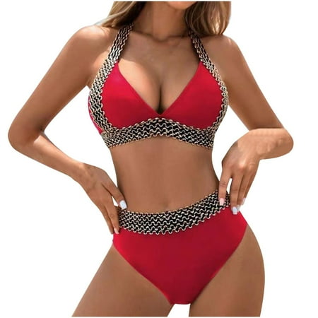 ZQGJB Women s Two Piece Bathing Suit Boho Colorblock Tie Back Halter Bikini High Waist Swimsuit Beach Swimwear(Red L)