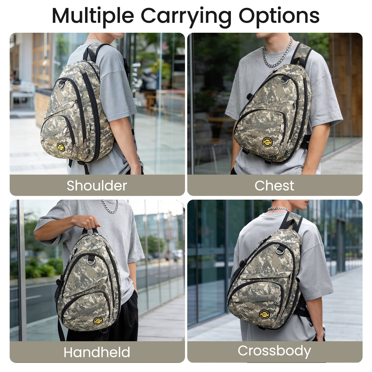 New York Xpress Camo Sling Bag Expandable 14–25L Daypack for Travel Hiking Cycling, Khaki,118