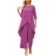 thumbnail image 2 of Women's 2 Piece Chiffon Sets Summer Dressy Pantsuits High Low Top Pants Set Formal Wedding Guest Outfit XL Purple, 2 of 6