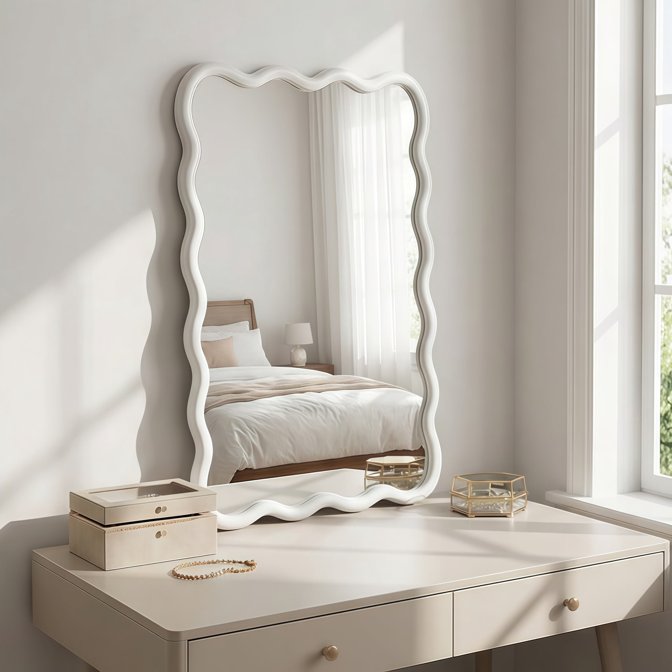 Noble House 20"x30" Wavy Rectangle Wall Mirror, Solid Wood Decorative Vanity Mirror, White