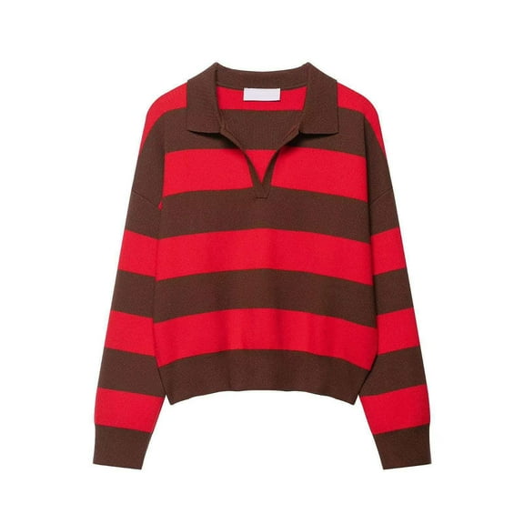 Wowcloth Woman's Casual Sweater, Striped with Turn-Down Collar, Pullover Long Sleeve for Daily Wear