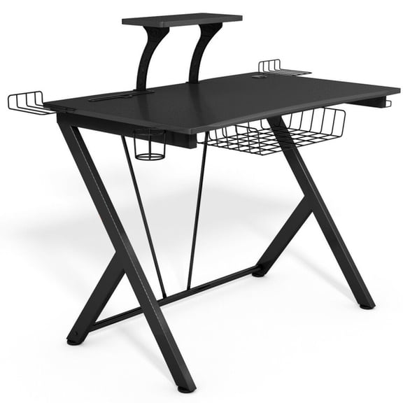 Furnibear Multifunctional E-Sport Gaming Desk with Headphone Hook Cup Holder Cable Management and Detachable Monitor Shelf in Black