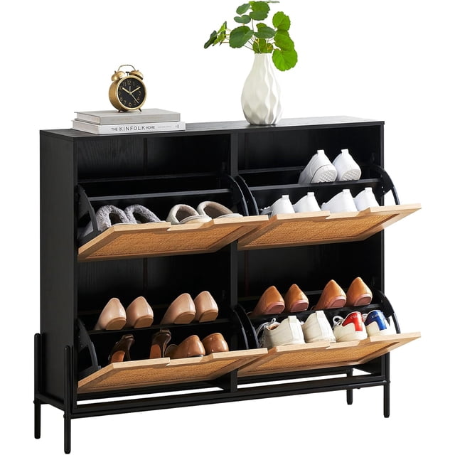 Natural rattan shoe organizer con 4 flip cajones: narrow freestanding shoe rack con adjustable estante y metal legs para entrada, sala de estar, foyer, hallway