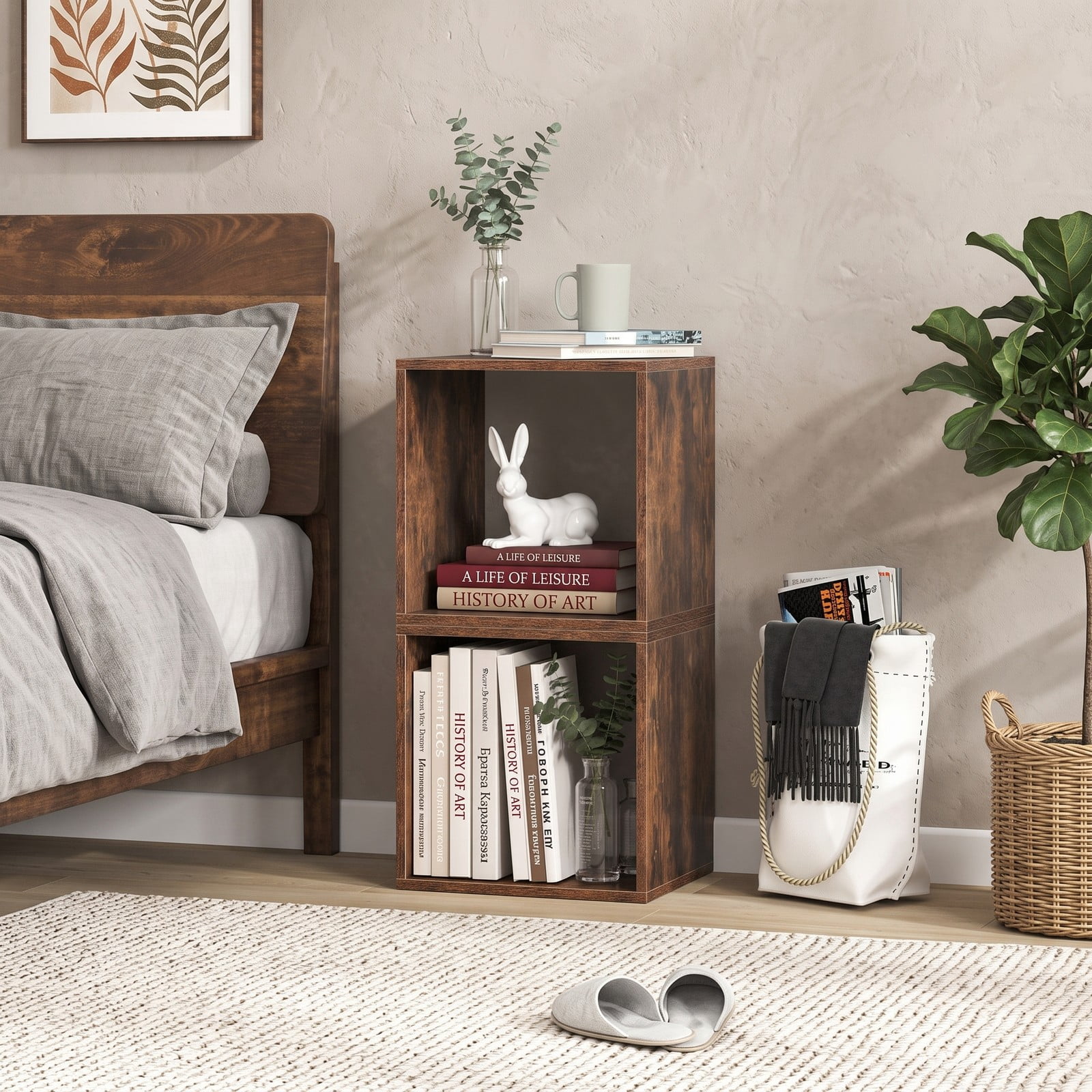 Furnibear Cube Storage Organizer Set of 2, Stackable Modular Wood Bookcase Cubby Shelf for Living Room Bedroom Study Office, Display Bookshelf with, Rustic Brown