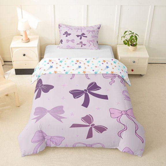 spefrowx Purple Line Bowknot Twin Duvet Cover for Kids, Kawaii Star Print Twin Bedding, Stars Reversible, 2 Pieces, 1 Duvet Cover and 1 Pillowcase