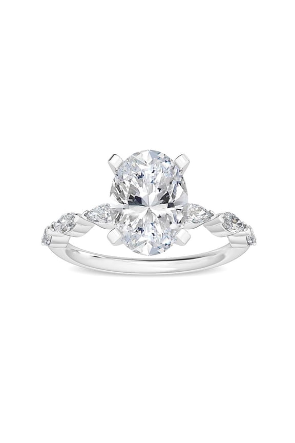 1 Carat (ctw) 14K White Gold Oval,Marquise Cut LAB GROWN Diamond Side Stone Engagement Ring (Color E-F Clarity VS2-SI1)