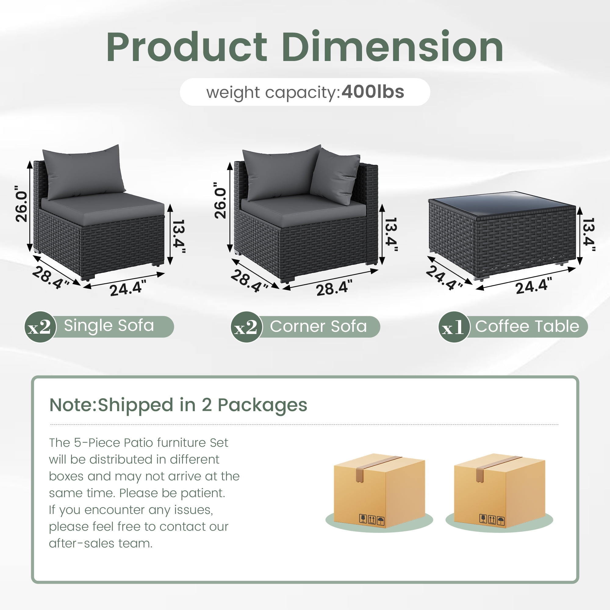 POTEBAN 5 Pieces Patio Conversation Set, Outdoor Black PE Wicker Sectional Sofa for Backyard Garden, Grey