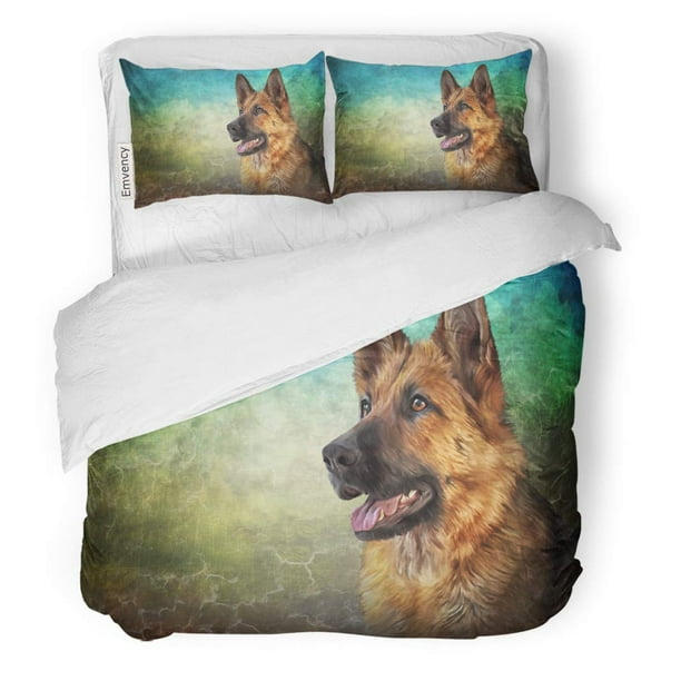 16x16 Inch German Shepherd Dog Portrait Throw Pillow Cover - Vintage Green Drawing, Hidden Zipper, Machine Washable