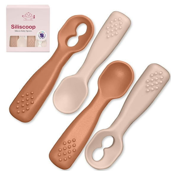 Silicone Baby Spoon Set | Baby Spoons Self Feeding 6 Months | BPA Free Baby Led Weaning Spoons Stage 1 & 2 for Kids 6  Months | Silicone Baby Feeding Spoon Set - 4 Spoons, Sunrise/French Beige