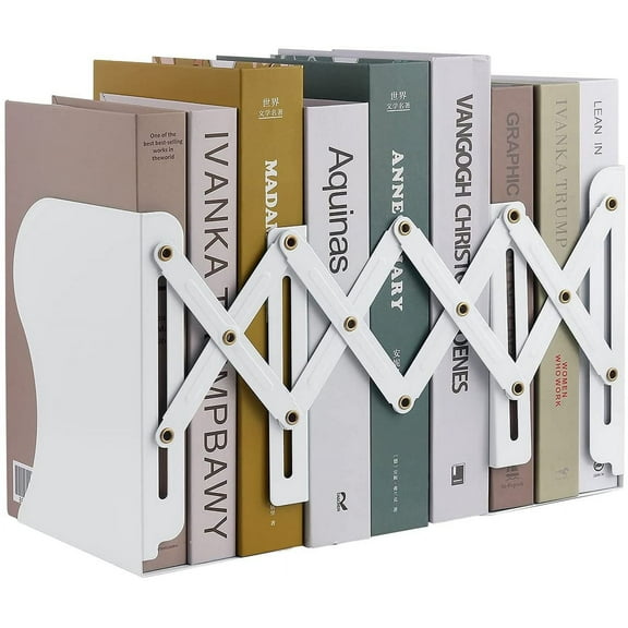 Expandable Metal Bookends Adjustable Non-Skid Book Ends(White)