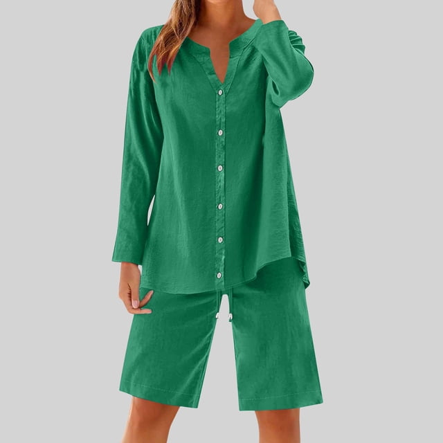 mfyjkho Pantalones Cortos Para Mujer, Conjunto De Top Y Pantalones Cortos De Lino Para Mujer, Holgado, Informal, De Color Liso Y Cuello Redondo, Manga 3/4 Pantalones Cortos Para Mujer Xxl