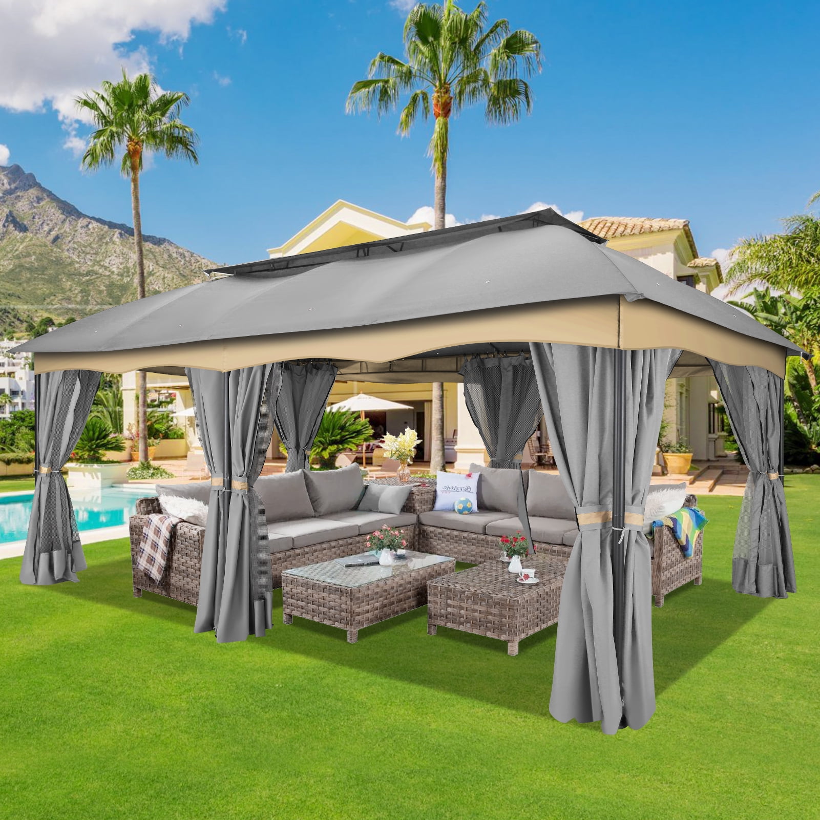 COBIZI 12X20 Heavy Duty Gazebo Outdoor Gazebo with Mosquito Netting and Curtains, Canopy Tent Deck Gazebo with Double-Arc Roof Ventiation and Metal Steel Frame Suitable for Lawn, Backyard, Patio,Gray
