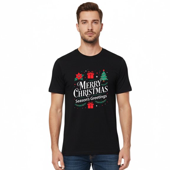 Gildan Merry Christmas Short Sleeve Printed T-Shirt, Men Crew Neck Graphic Christmas Tee, Black, S