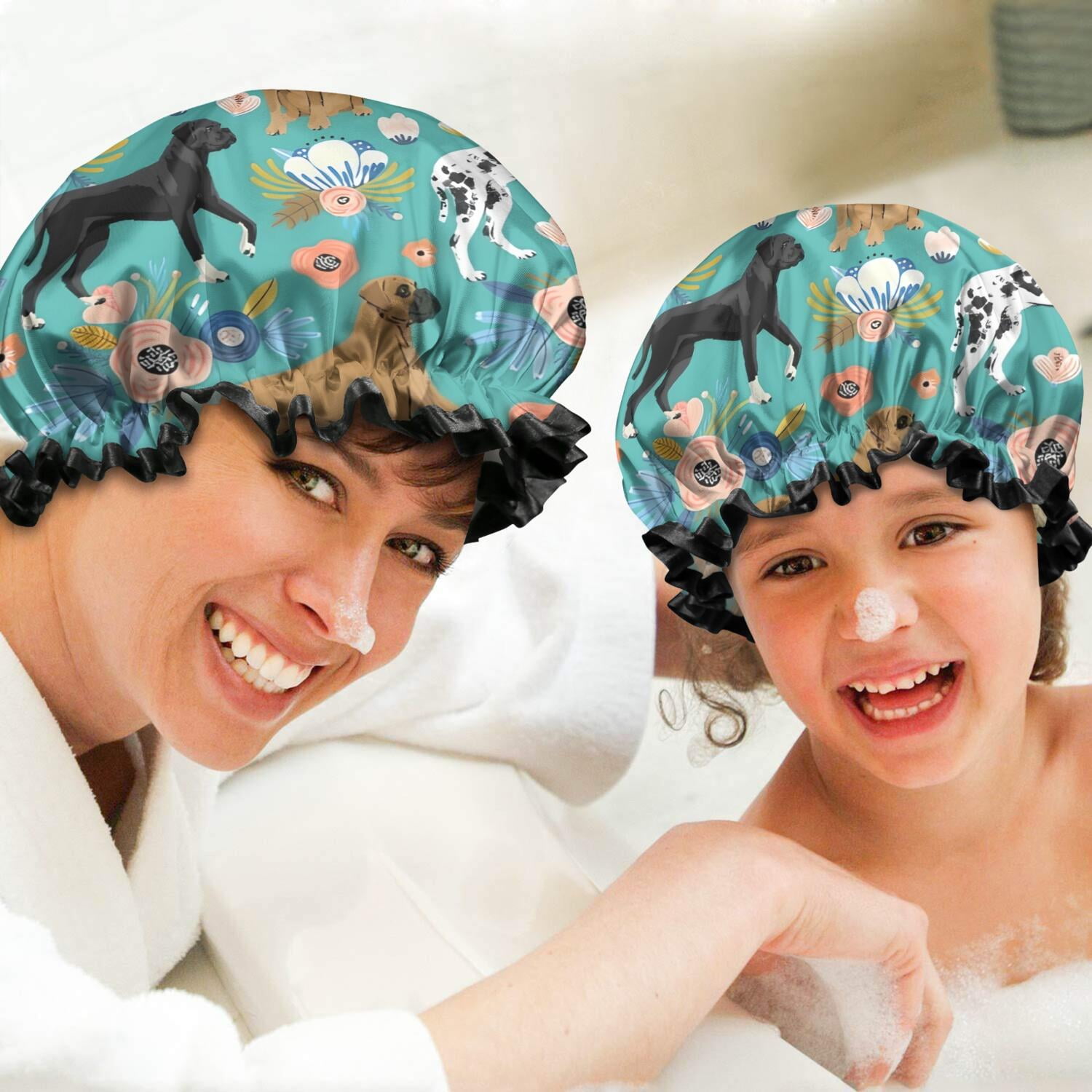 Shower Caps,Dog Pattern with Pioneer Flower Background Waterproof Shower Cap for Women 4 Pieces,Double Reusable Hair Cover for Shower PEVA Elastic Stretch Hem