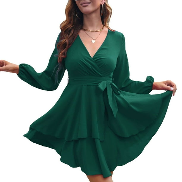 Laklulu Vestido de Mujer con Cuello en V Profundo y Manga Larga con Lazo en la Cintura y Volantes Mini Vestidos Skater con Swing Verde Oscuro Verde Oscuro L Walmart