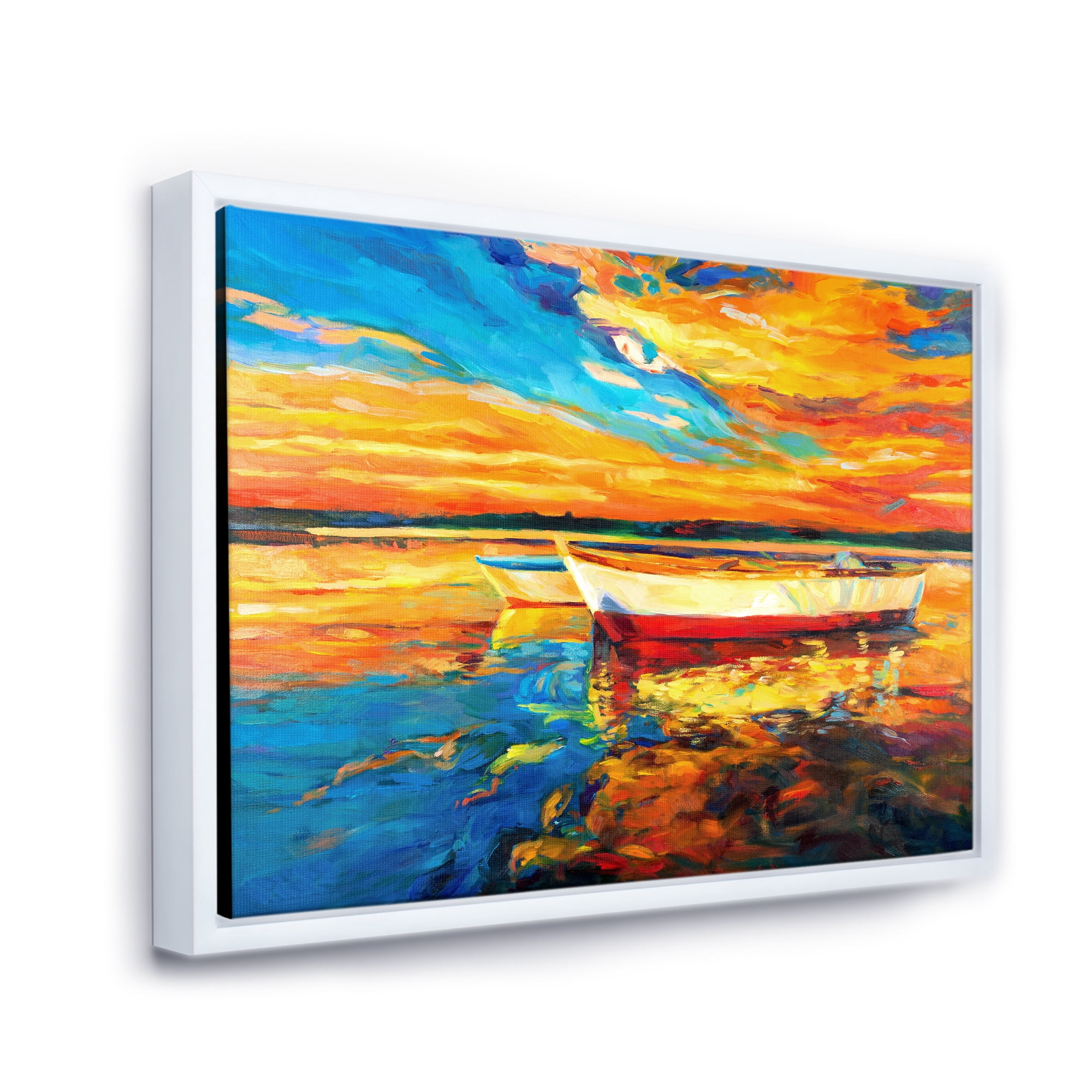 Designart 'Red and White Boats By The Pier At A VIbrant Sunset' Nautical & Coastal Framed Canvas Wall Art Print