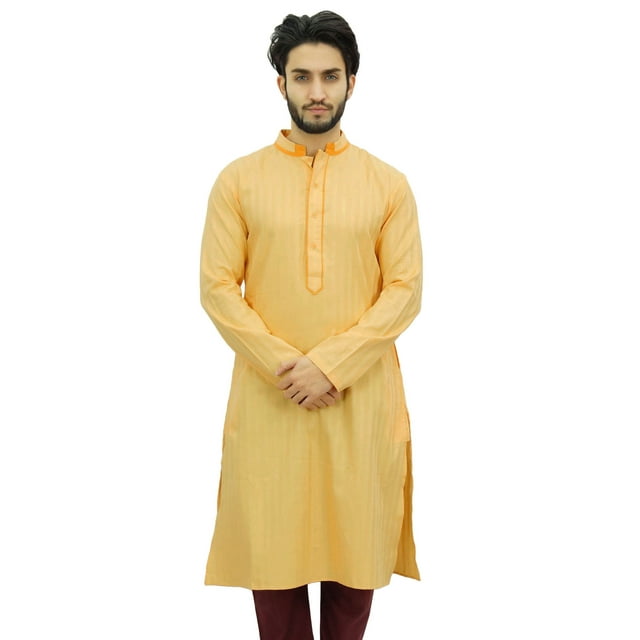 Atasi Men's Yellow Kurta Pyjama Set Long Cotton Tunic Shirt Ethnic Wear-Medium