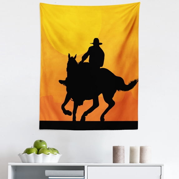 Rodeo Tapestry, Silhouette of a Rider Against Sunset Background Evening Mountains, Fabric Wall Hanging Decor for Bedroom Living Room Dorm, 5 Sizes, Charcoal Grey Mustard, by Ambesonne
