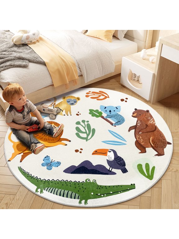 Kids Play Mat 5Ft Round Jungle Rug Circle Animal Rug Carpet Round Zoo Bedroom Rug for Kids Boys Girls Nursery Decor Soft Playroom Crawling Rug Floor Mat Bedside Rug for Kids Room