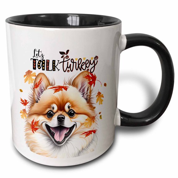 3drose, Adorable Pomeranian Dog with Floating Fall Leaves and Turkey Humor, 15oz Two-tone Black Mug