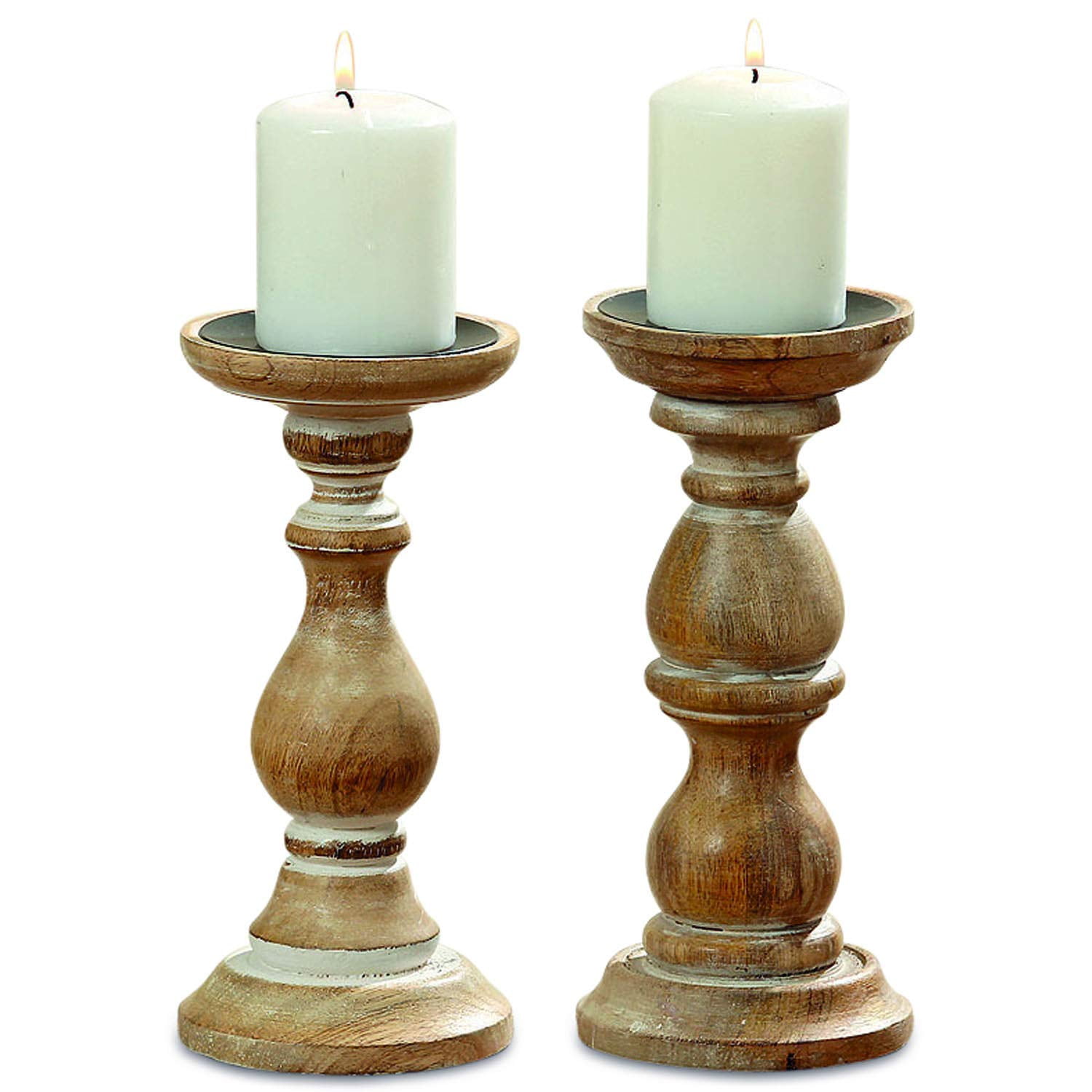 Rustic Stockbridge Wooden Candle Holders, Set of 2, Spiked Metal Top