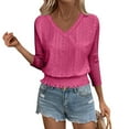 thumbnail image 4 of Hxshgdsn Womens Tops Women's V-Neck Blouse 2025 3/4 Sleeve Solid Color Summer Chic Essentials Fall Outfits For&nbsp;Women&nbsp;2025 Hot Pink XL, 4 of 9