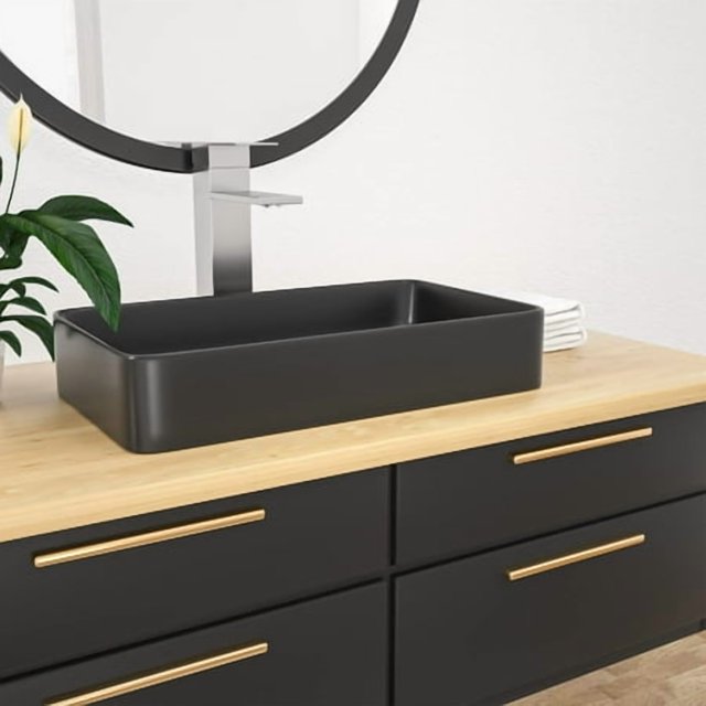 Kichae Vessel Sink Rectangle- 24""X14"" Modern Rectangular Top Counter Bathroom Sink Matte Black Porcelain Ceramic Lavatory Sink Bowl Art Basin