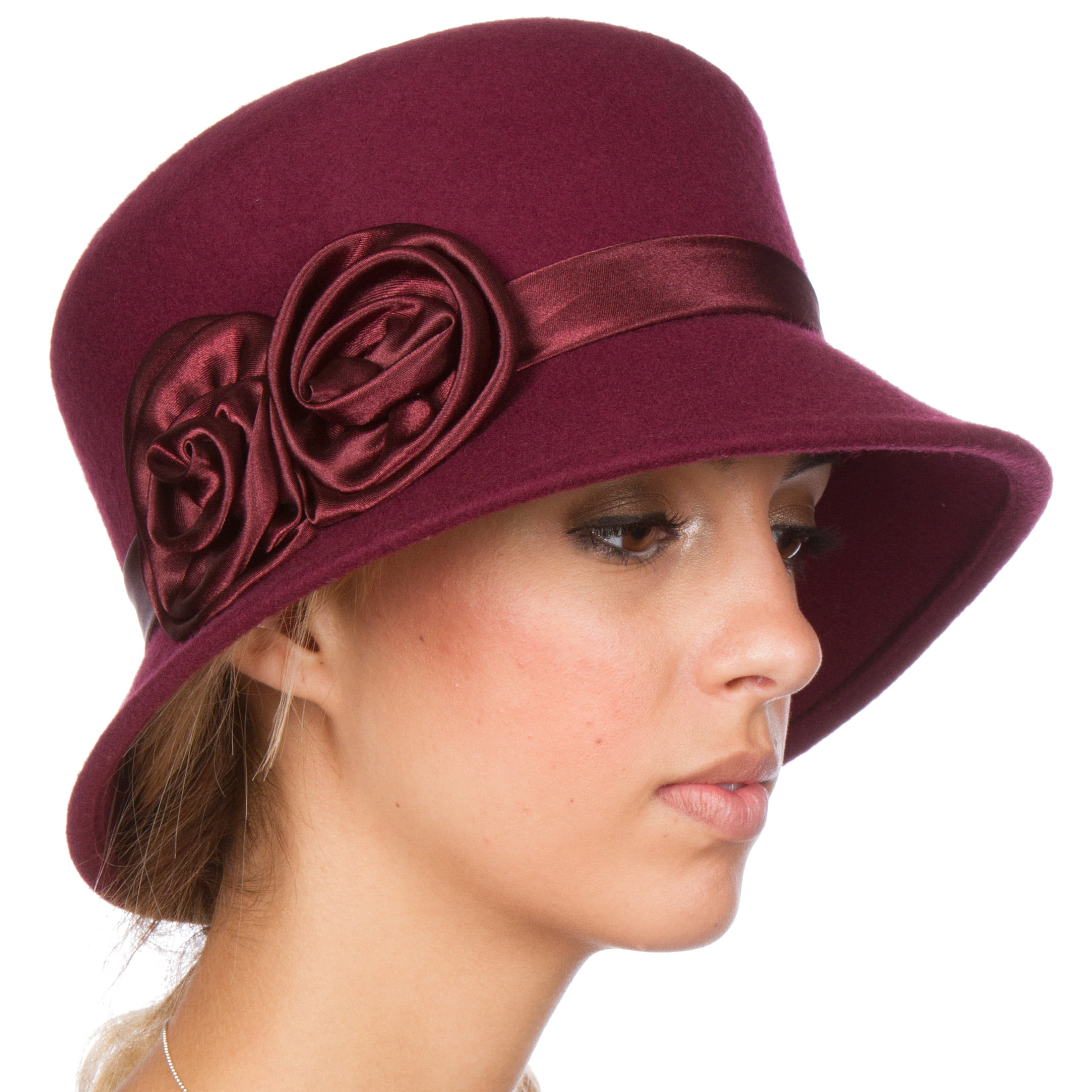 Sakkas Alice Satin Rose Vintage Style Wool Cloche Hat - Burgandy - One ...